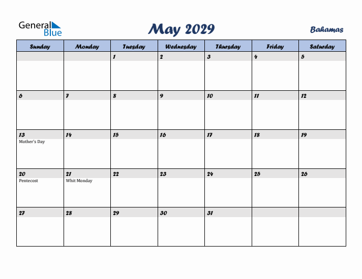 May 2029 Calendar with Holidays in Bahamas