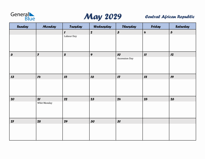 May 2029 Calendar with Holidays in Central African Republic