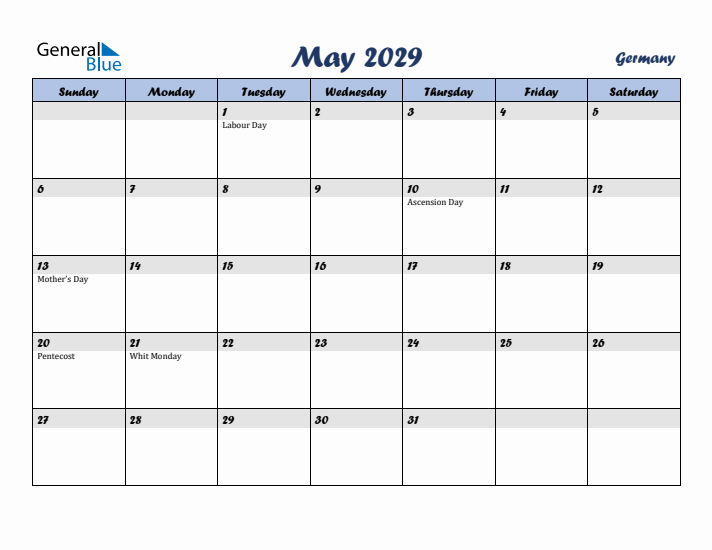 May 2029 Calendar with Holidays in Germany