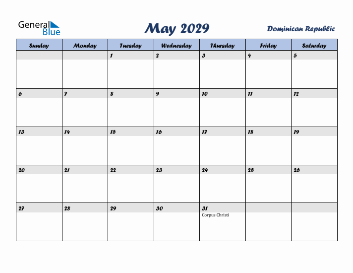 May 2029 Calendar with Holidays in Dominican Republic