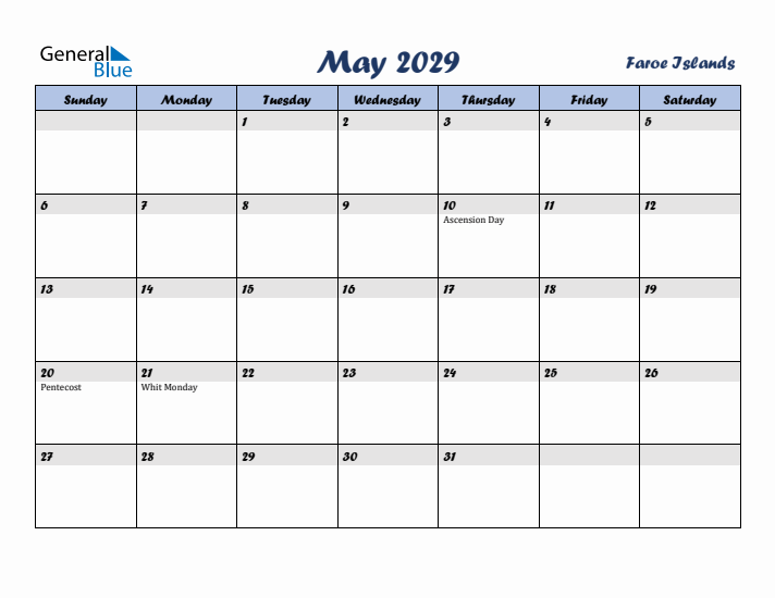 May 2029 Calendar with Holidays in Faroe Islands