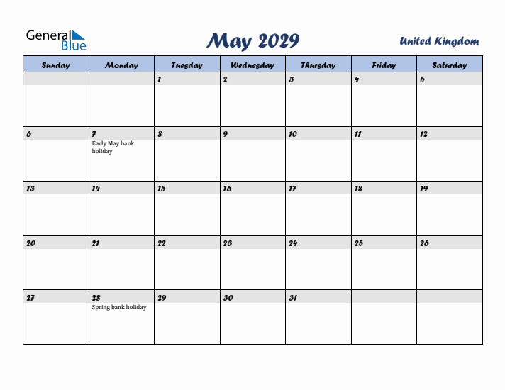 May 2029 Calendar with Holidays in United Kingdom