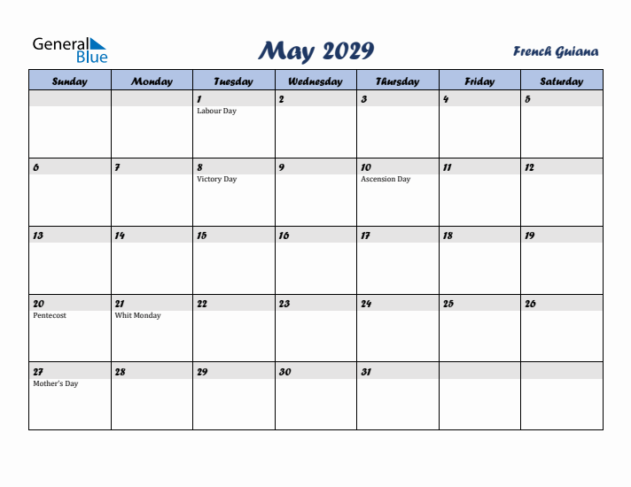 May 2029 Calendar with Holidays in French Guiana