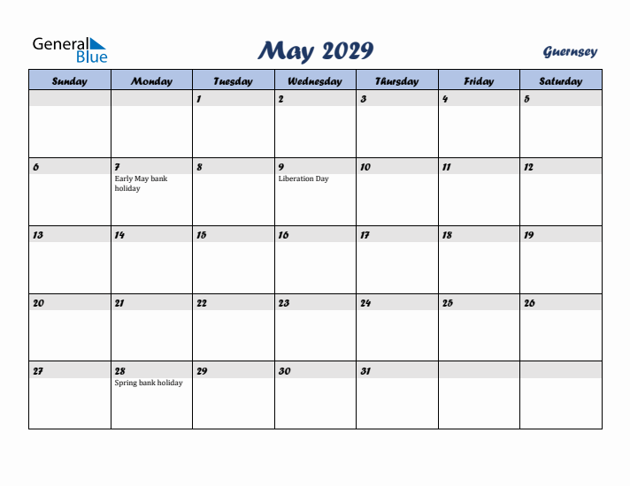 May 2029 Calendar with Holidays in Guernsey