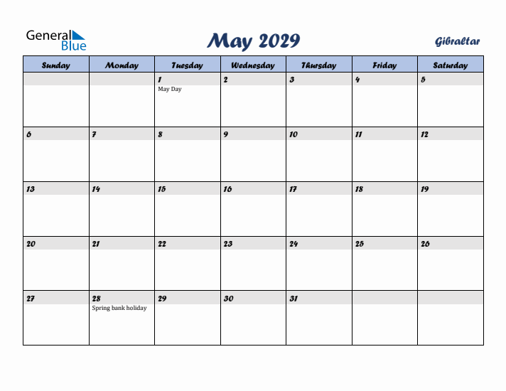 May 2029 Calendar with Holidays in Gibraltar