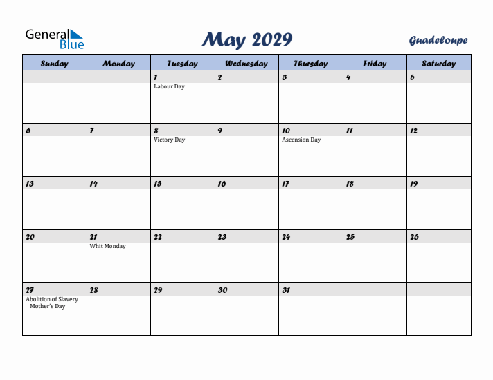 May 2029 Calendar with Holidays in Guadeloupe