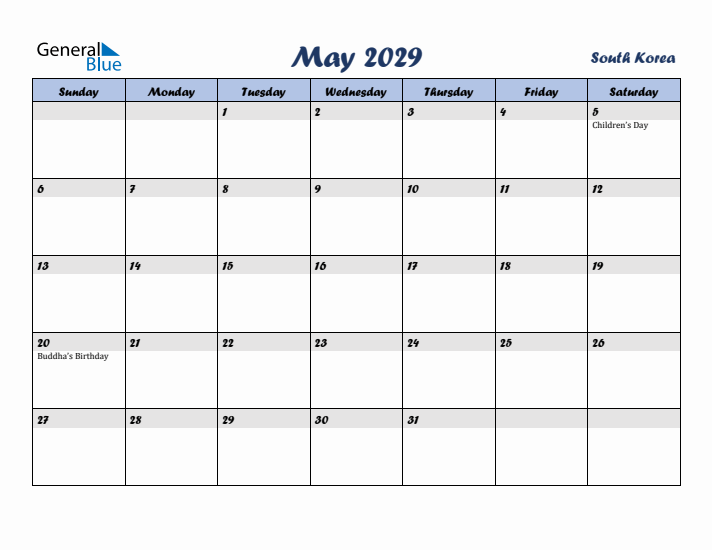 May 2029 Calendar with Holidays in South Korea