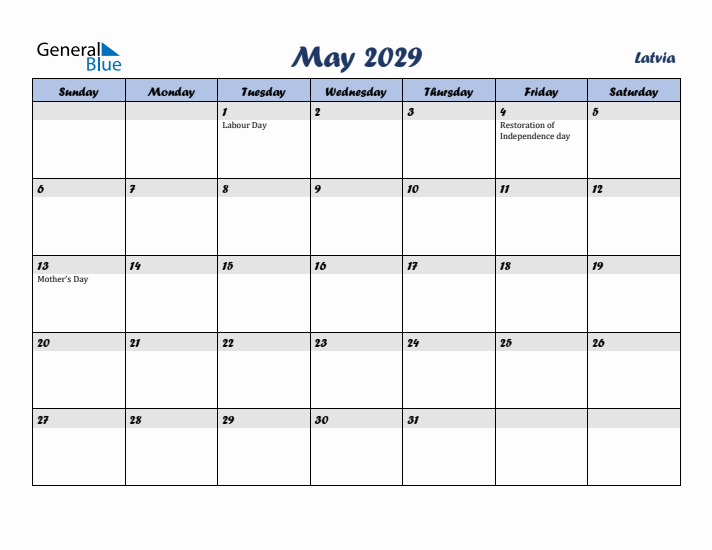 May 2029 Calendar with Holidays in Latvia