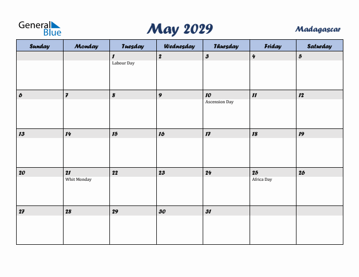 May 2029 Calendar with Holidays in Madagascar