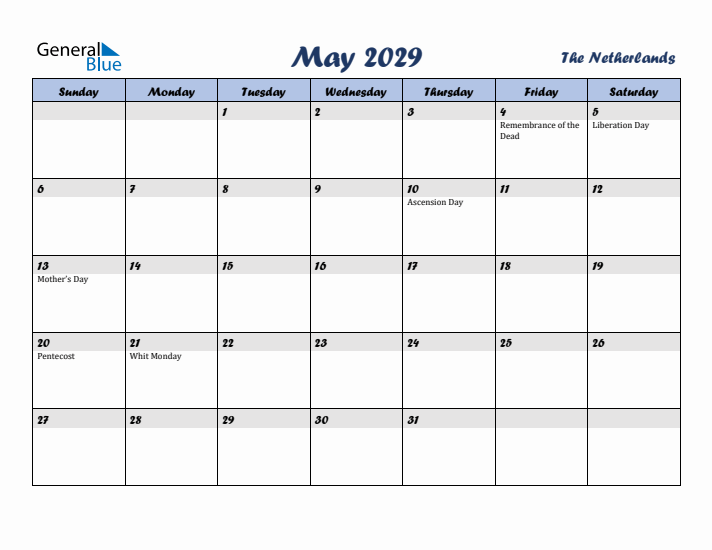 May 2029 Calendar with Holidays in The Netherlands
