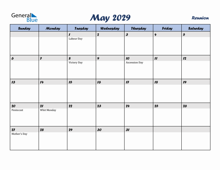 May 2029 Calendar with Holidays in Reunion
