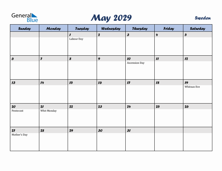 May 2029 Calendar with Holidays in Sweden