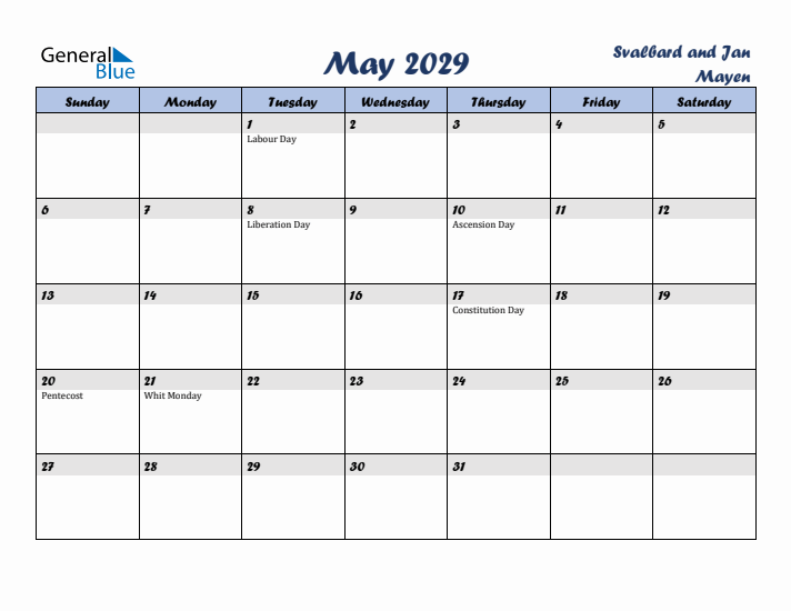 May 2029 Calendar with Holidays in Svalbard and Jan Mayen