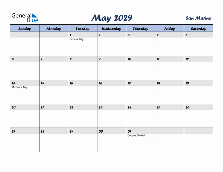 May 2029 Calendar with Holidays in San Marino