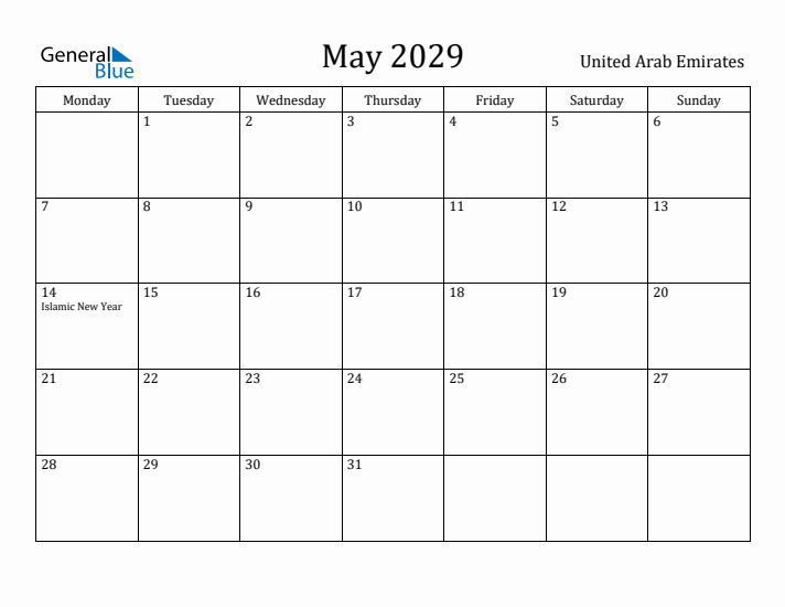 May 2029 Calendar United Arab Emirates