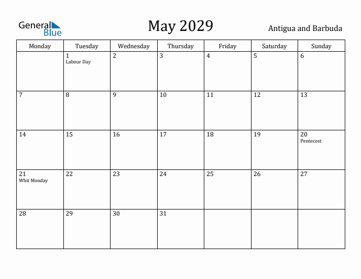 May 2029 Calendar Antigua and Barbuda