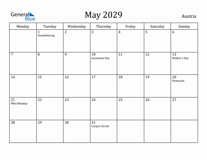 May 2029 Calendar Austria