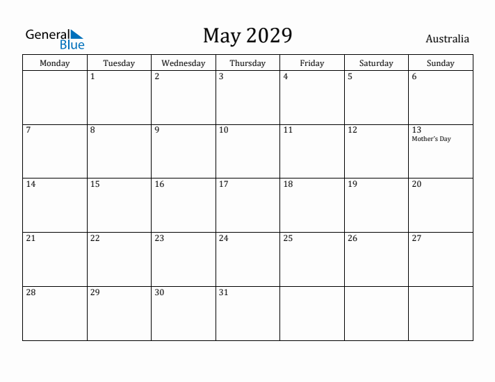 May 2029 Calendar Australia