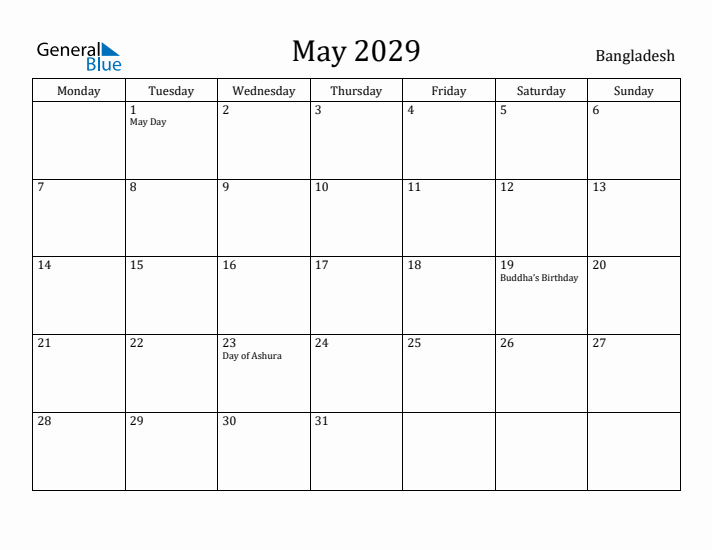 May 2029 Calendar Bangladesh