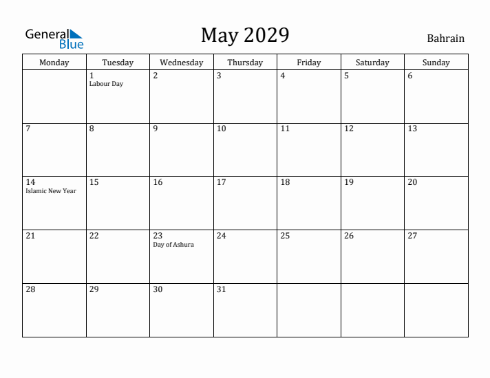 May 2029 Calendar Bahrain
