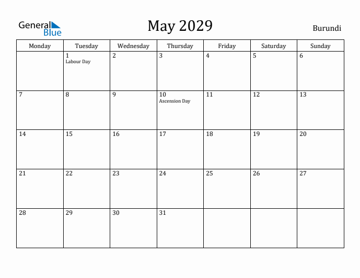 May 2029 Calendar Burundi