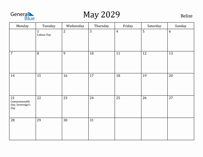 May 2029 Calendar Belize