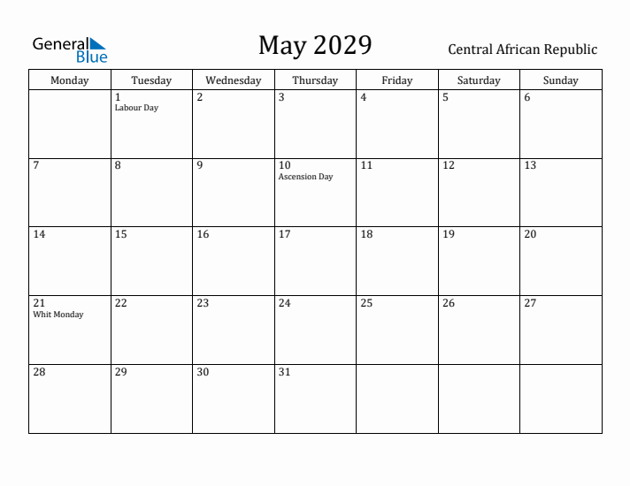 May 2029 Calendar Central African Republic