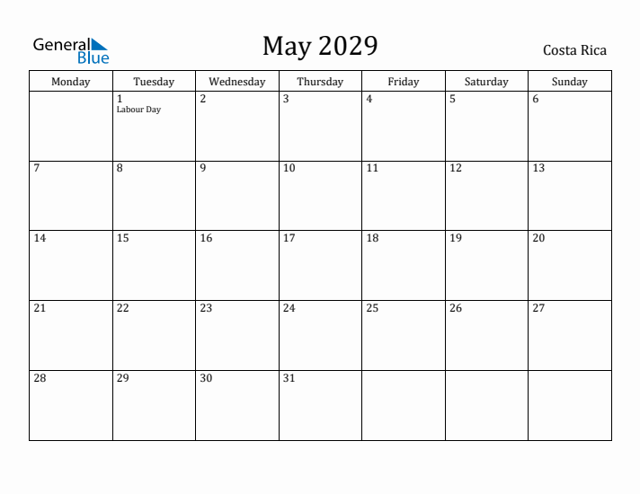 May 2029 Calendar Costa Rica