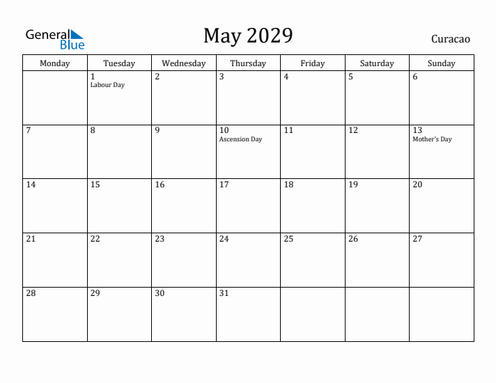 May 2029 Calendar Curacao