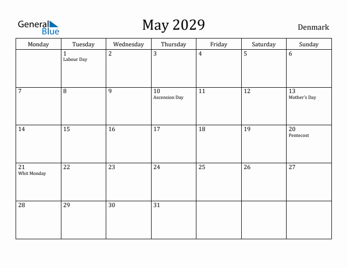 May 2029 Calendar Denmark