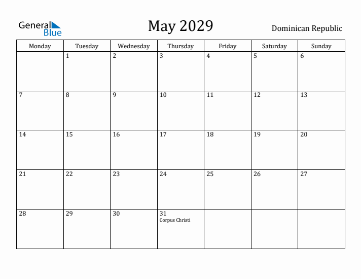 May 2029 Calendar Dominican Republic