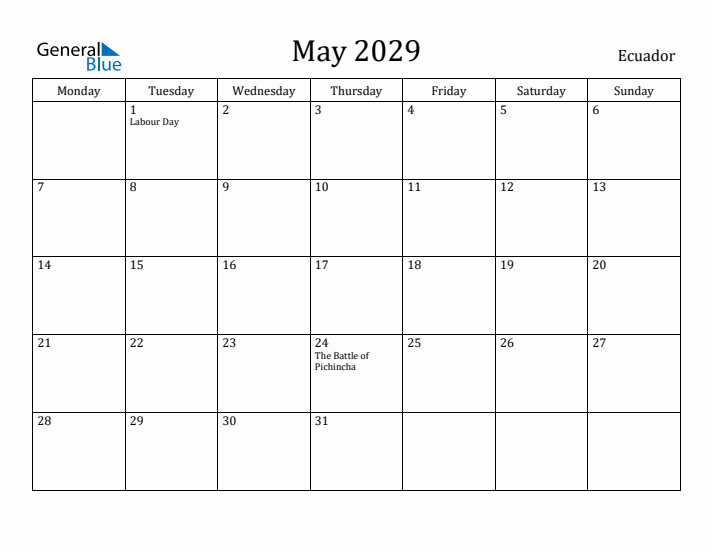 May 2029 Calendar Ecuador