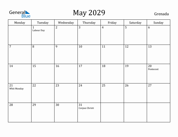 May 2029 Calendar Grenada