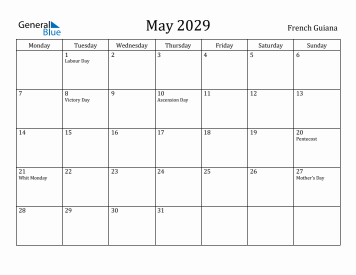 May 2029 Calendar French Guiana