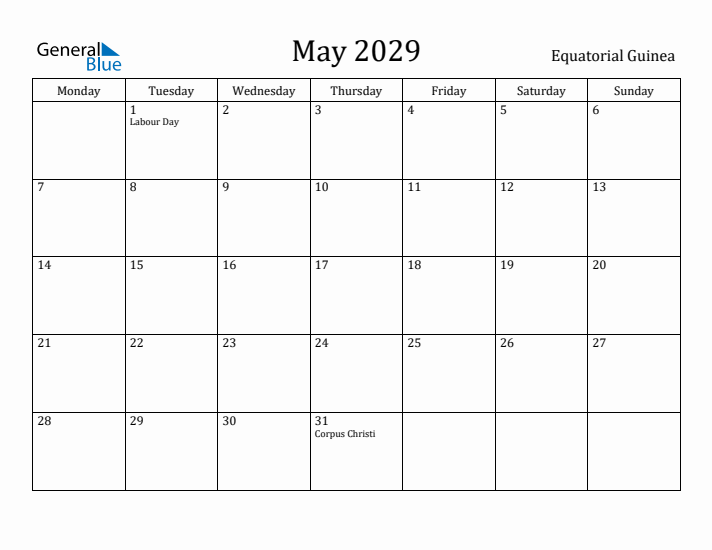 May 2029 Calendar Equatorial Guinea