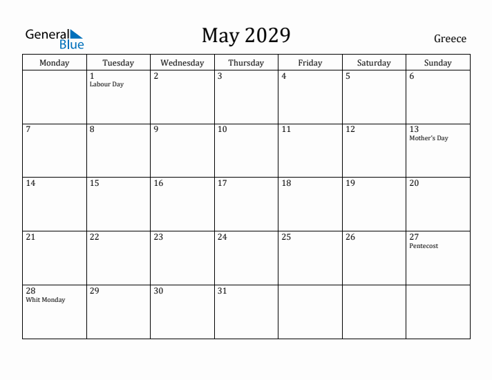 May 2029 Calendar Greece