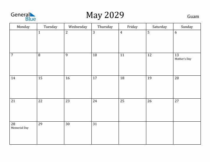 May 2029 Calendar Guam