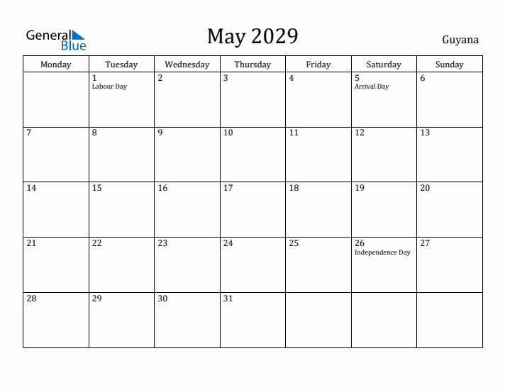 May 2029 Calendar Guyana