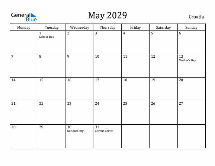 May 2029 Calendar Croatia