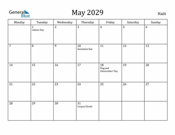 May 2029 Calendar Haiti