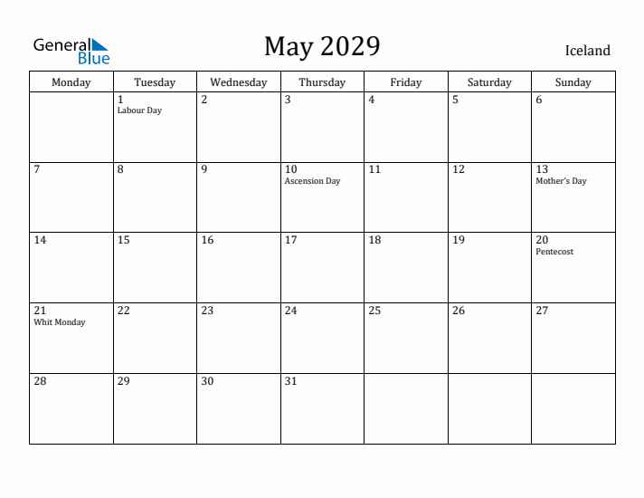 May 2029 Calendar Iceland