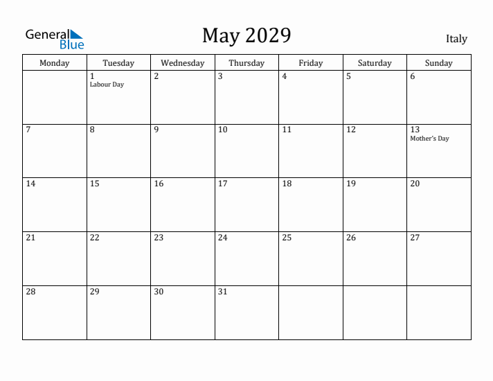 May 2029 Calendar Italy