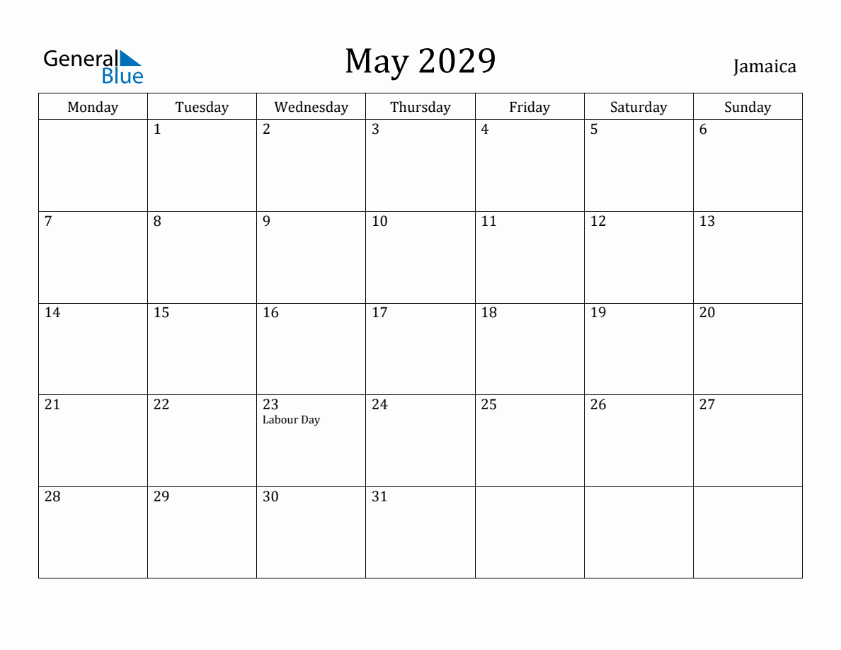 May 2029 Jamaica Monthly Calendar with Holidays