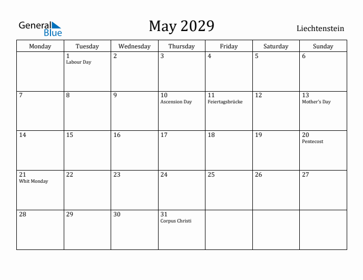May 2029 Calendar Liechtenstein
