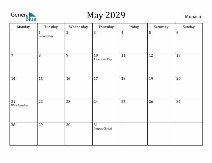 May 2029 Calendar Monaco