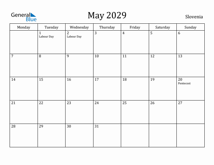 May 2029 Calendar Slovenia