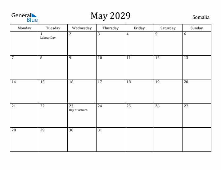 May 2029 Calendar Somalia