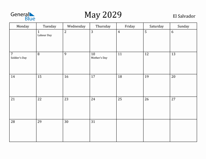 May 2029 Calendar El Salvador