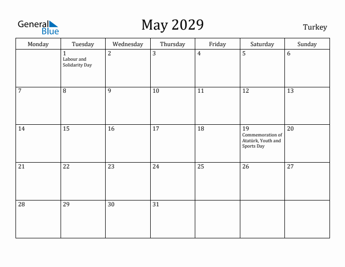 May 2029 Calendar Turkey
