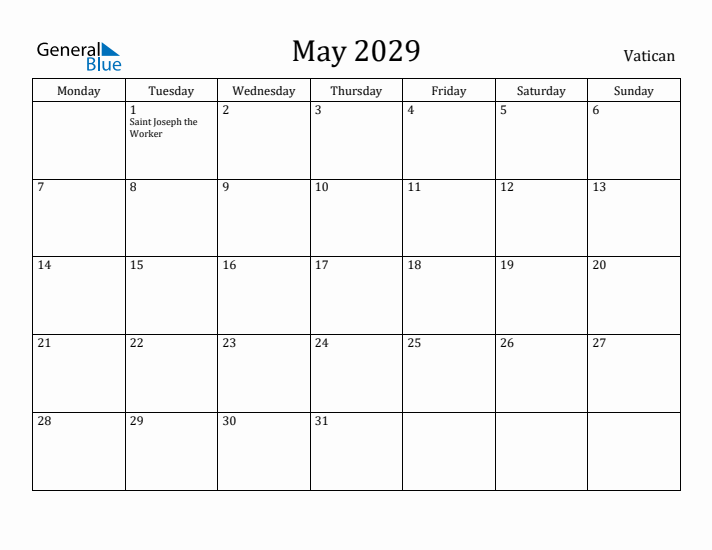 May 2029 Calendar Vatican